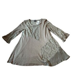 Calstyle Mixed Media Lace Panel Tunic Top Bell‎ Sleeve M Neutral